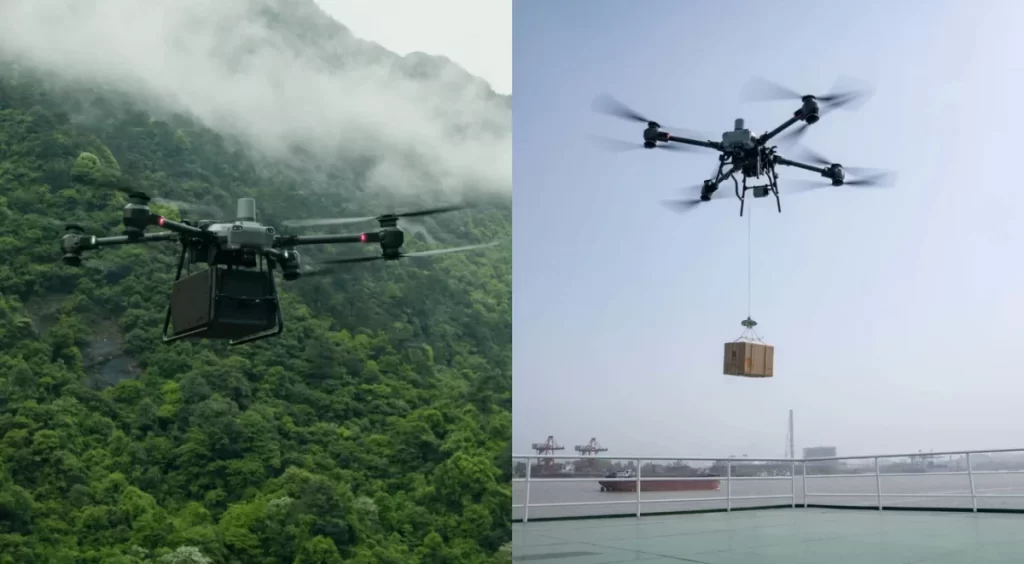 drone no modo guindaste e conteiner